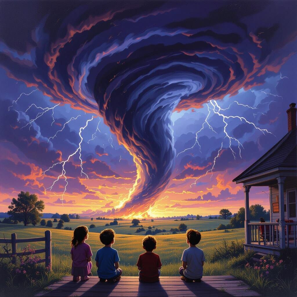 Colossal Tornado Threatens Children in Dramatic Illustration