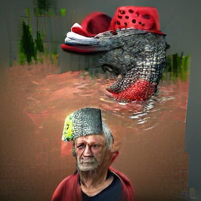 Hyperrealistic Old Man with Crocodile on Head