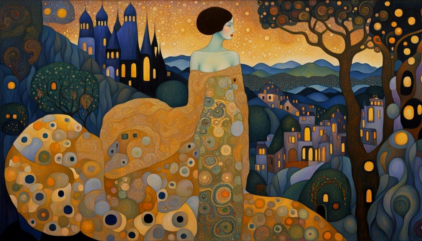 Ethereal Woman in Dreamlike Landscape, Klimt Style