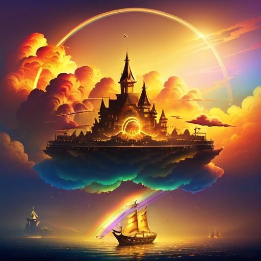 Golden Boat of Dreams in Rainbow Clouds