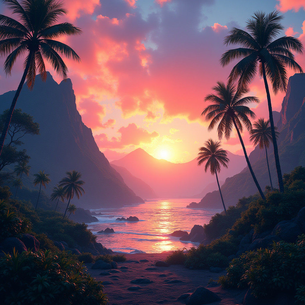 Hawaii Sunrise Over Tropical Paradise in Matte Painting Styl...