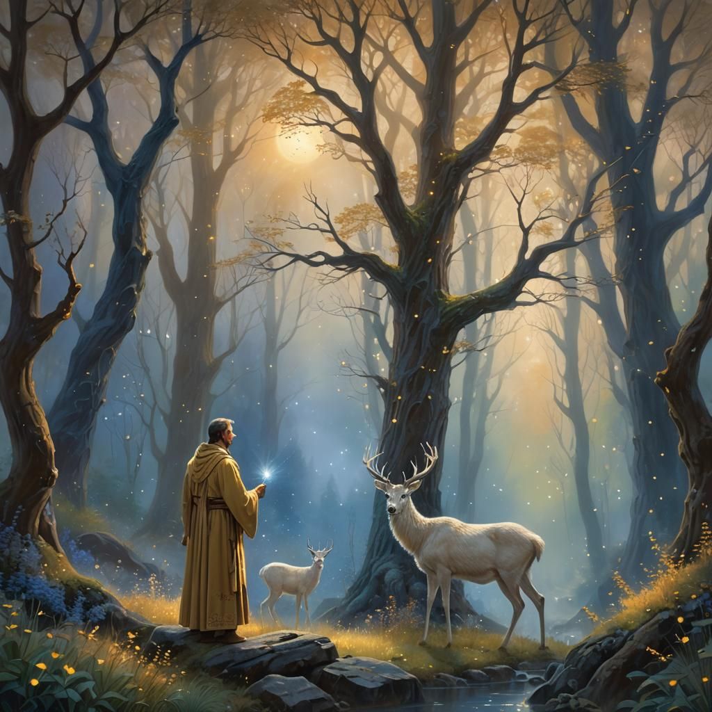 Ethereal Fantasy: Man and Deer in Misty Forest