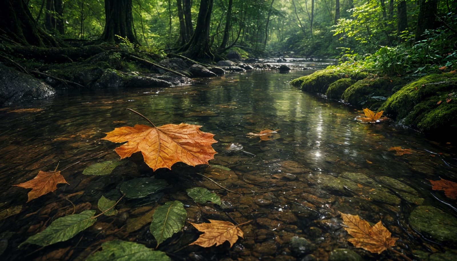 Vibrant Leaf Drifting in a Hyperrealistic Forest Stream