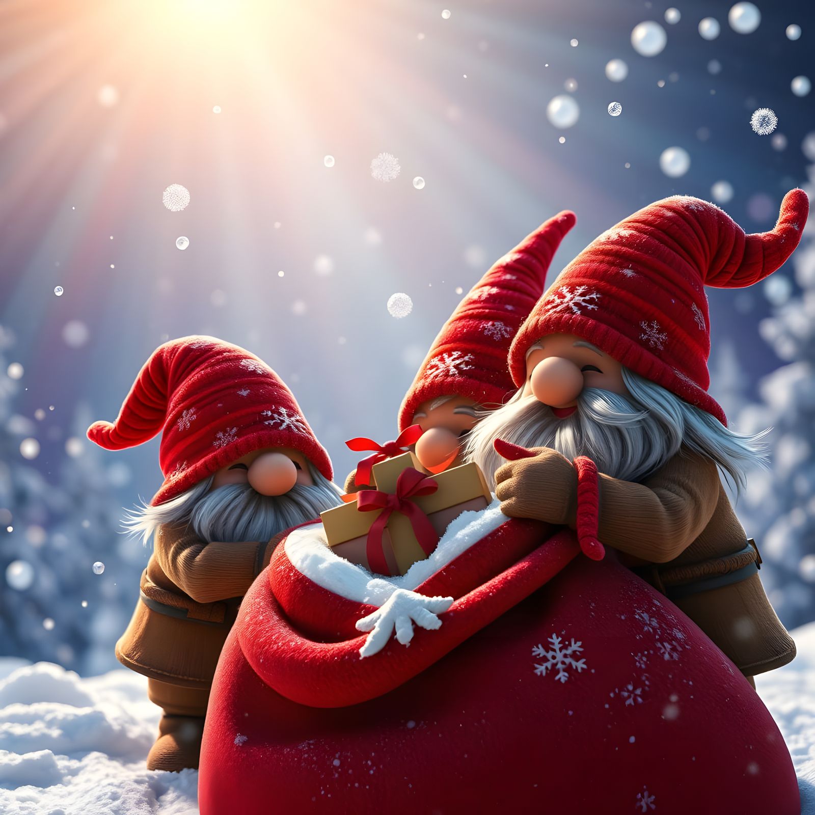 Enchanted Winter Wonderland with Cheerful Gnomes and Sparkli...