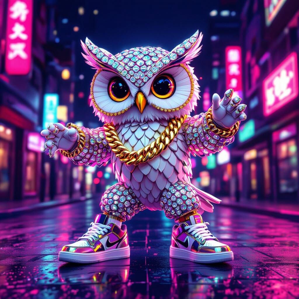 Diamond Owl Breakdancing in Neon-Lit Street