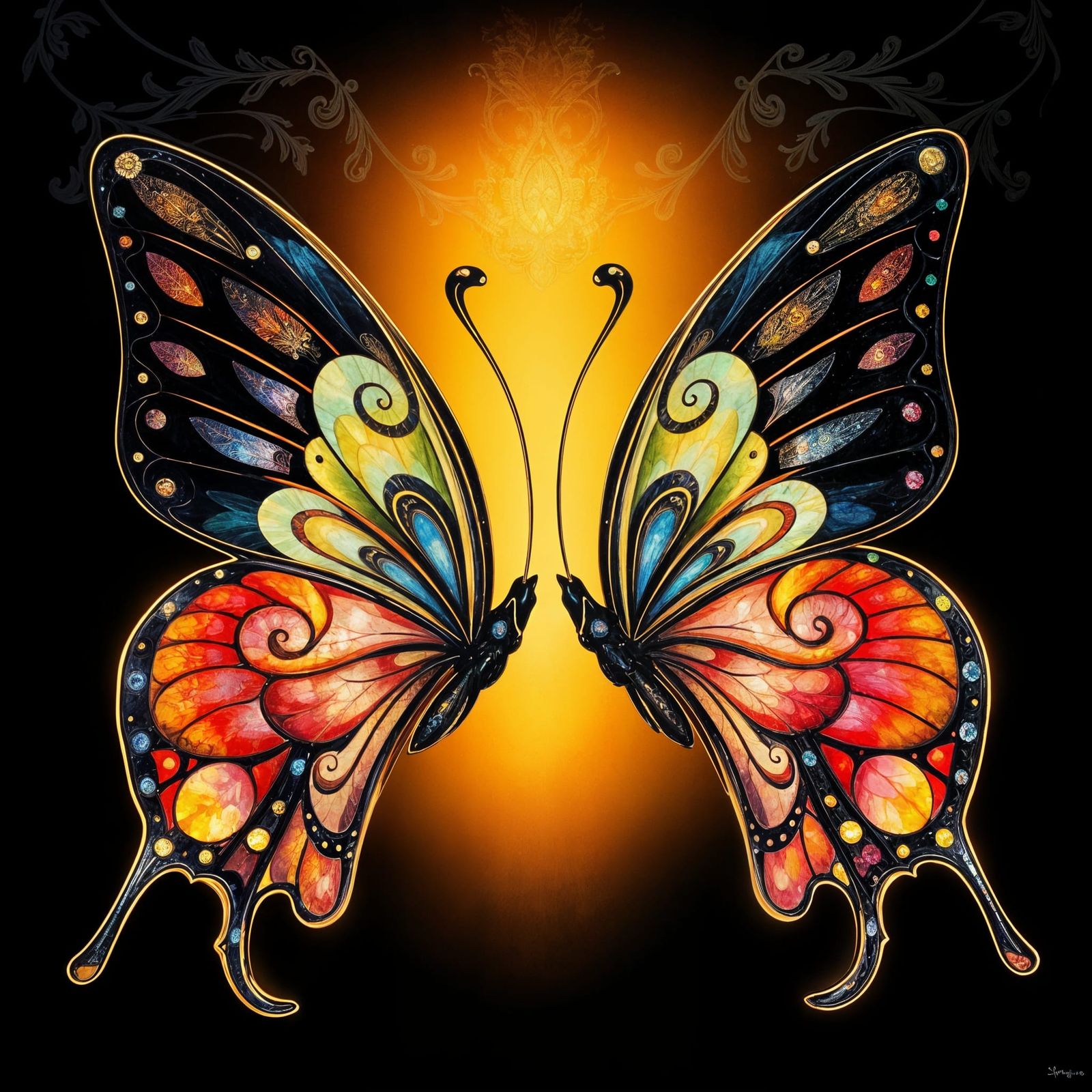 Symmetrical Butterflies in Amber Glow