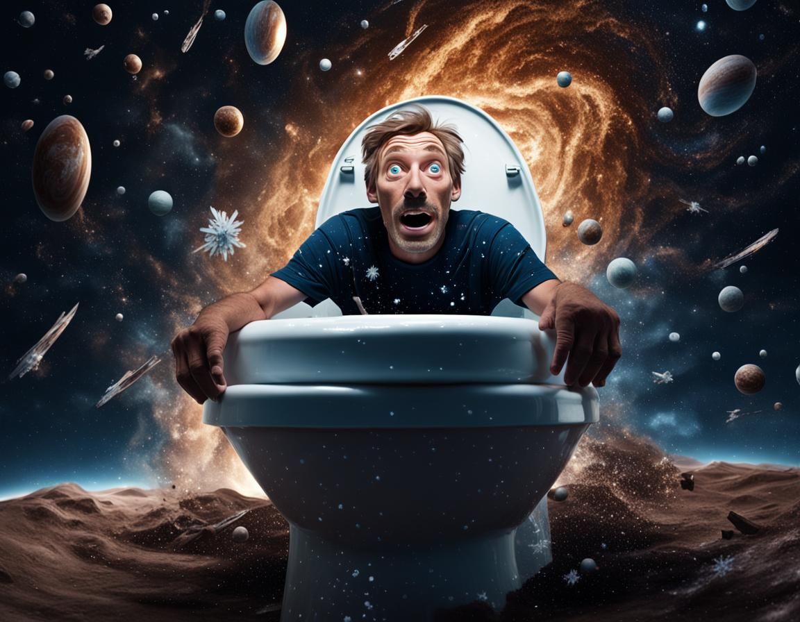 Man on Toilet Drifting Through Space, Hyperrealistic Art
