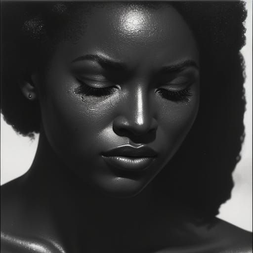 Black African Girl's Sorrowful Gaze: Vintage B&W Photography