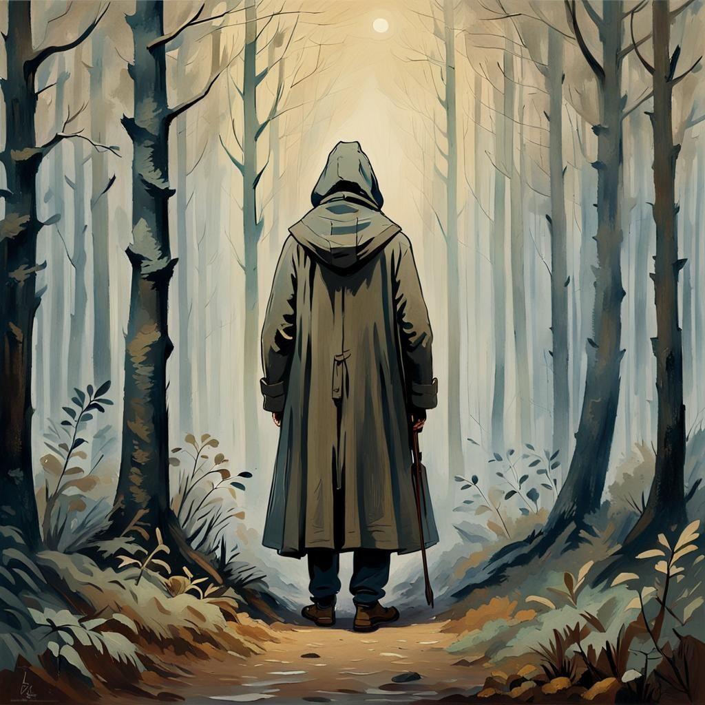 Mysterious Figure in Misty Forest: Gouache Impressionism