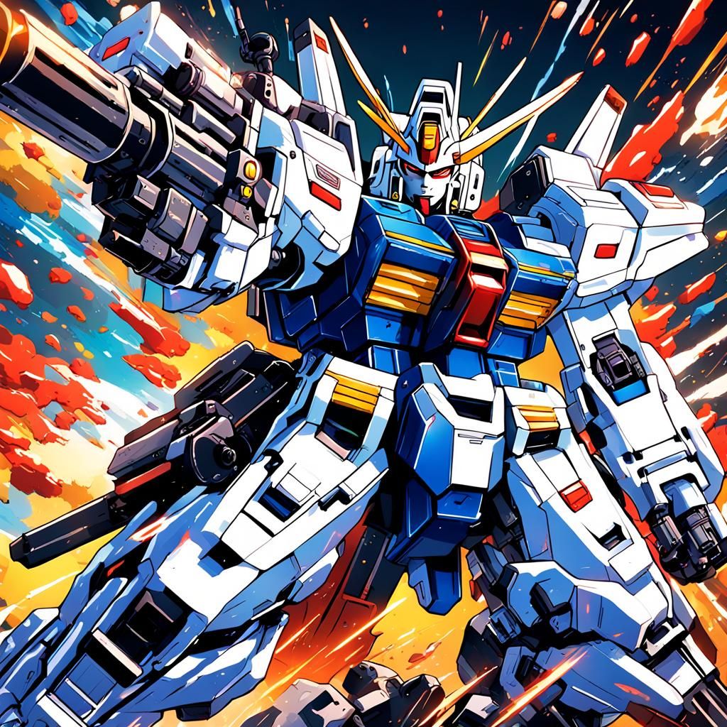 Gundam gatling gun,  mech war, Masterpiece, Best Quality, flat, Manga Scan, Anime, cinematic lighting, drawn Art, by Stu...