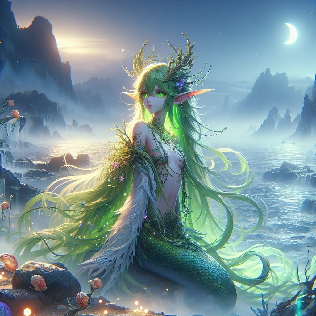 Anime Satyr Mermaid in Misty Moonlight, Fantasy Art