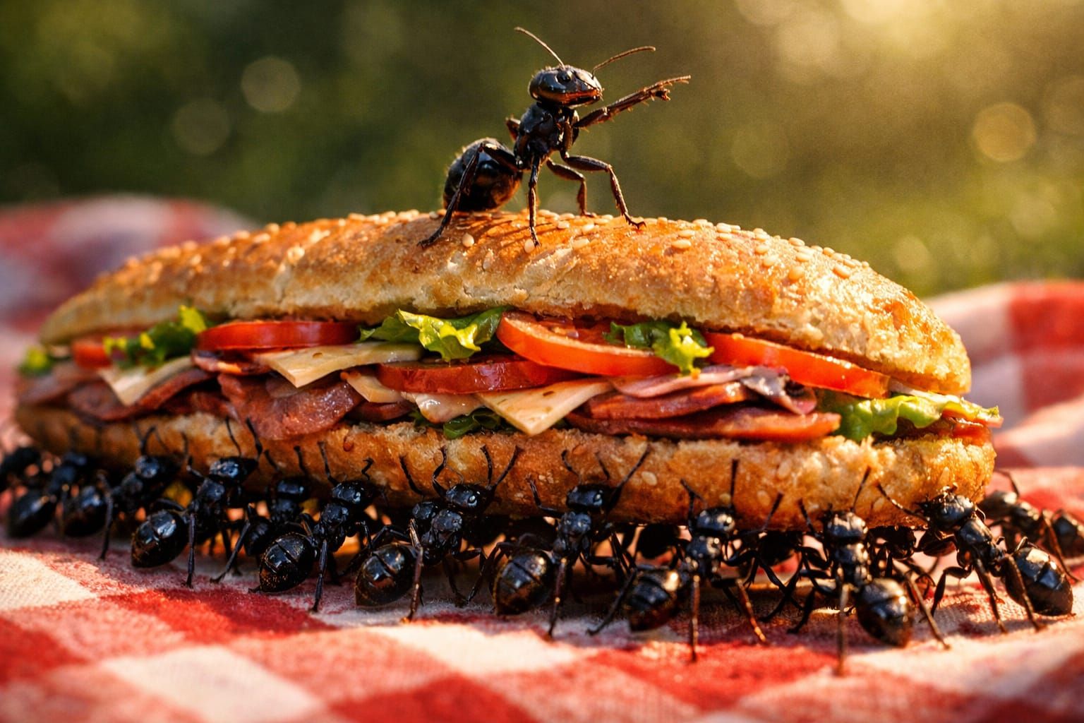 Tiny Ants Carry Giant Hoagie on Picnic Blanket