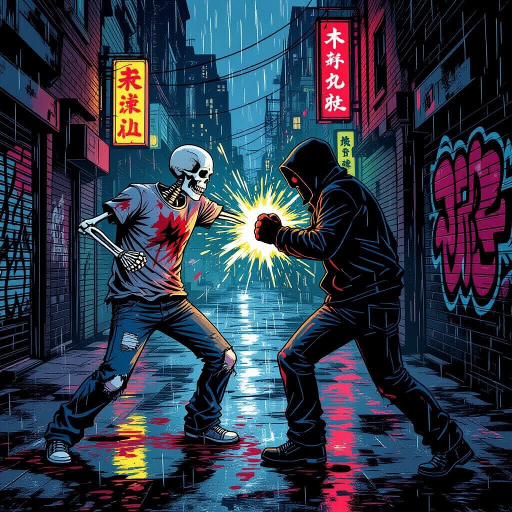 Skeleton Fist Fights in Gritty Comic Book Alley