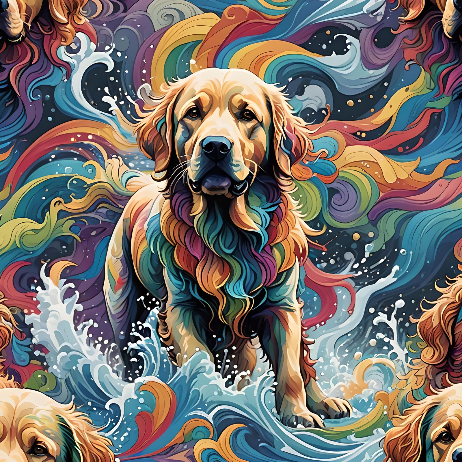 Rainbow Labrador Dog Shakes Water Off: Anime Style