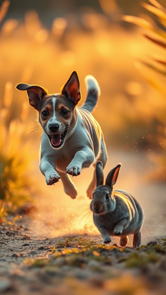 Dog Chasing Rabbit in Golden Hour Light