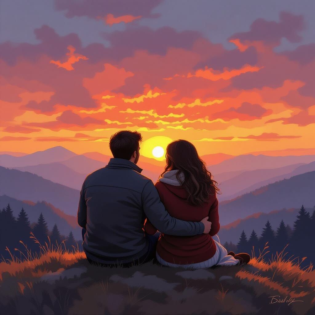 Sunset View: A Couple in Romantic Realism Style