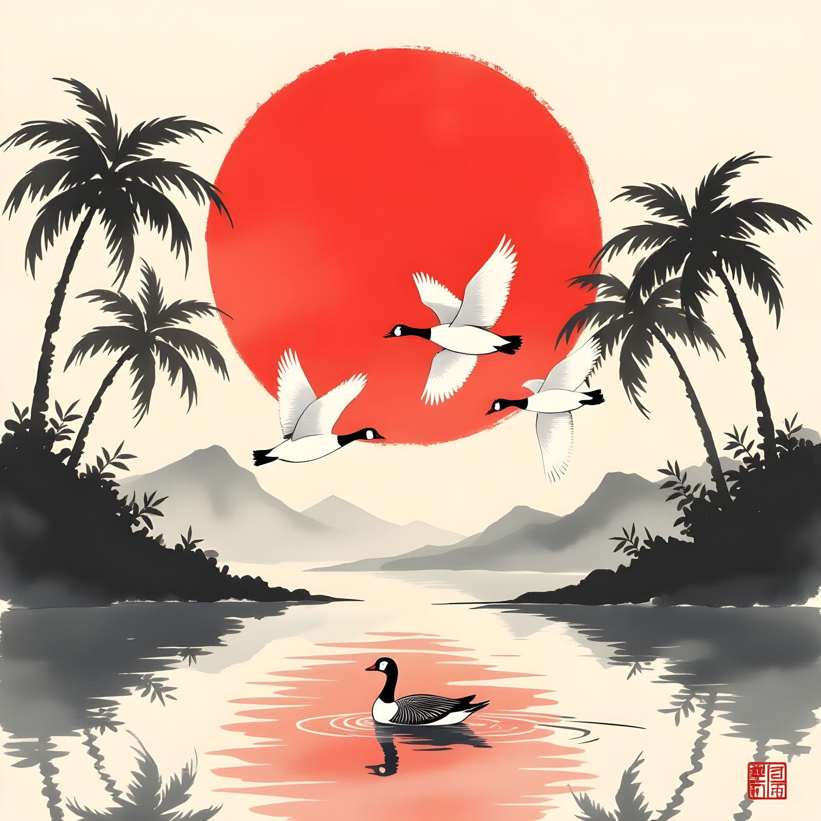 Geese Fly Across Red Sun: Sumi-e Style