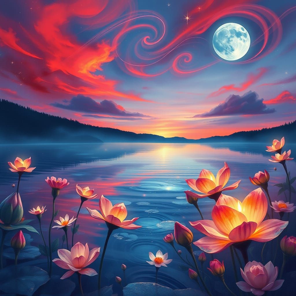 Surreal Watercolor Lake Scene at Twilight, Blooming Flowers ...