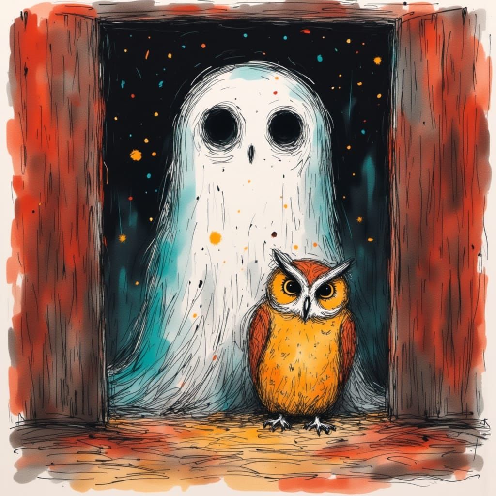Ghost Meets Owl in Barn, Cartoony Googly Eyes