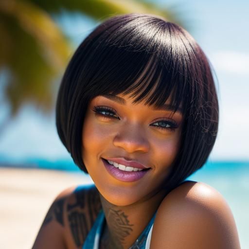 Rihanna at the Beach with Bob Haircut
