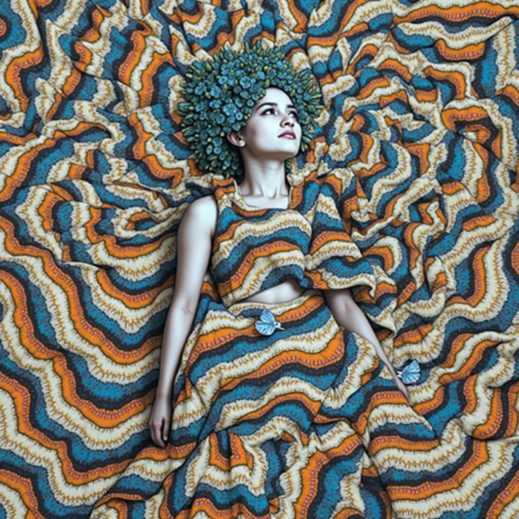 Radiant Woman in Citrus Light Gown with Butterflies and Flow...