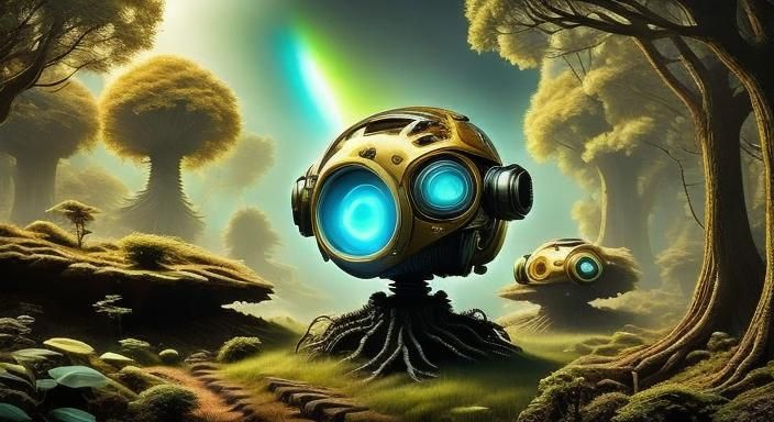 Futuristic Robot in Whimsical Forest