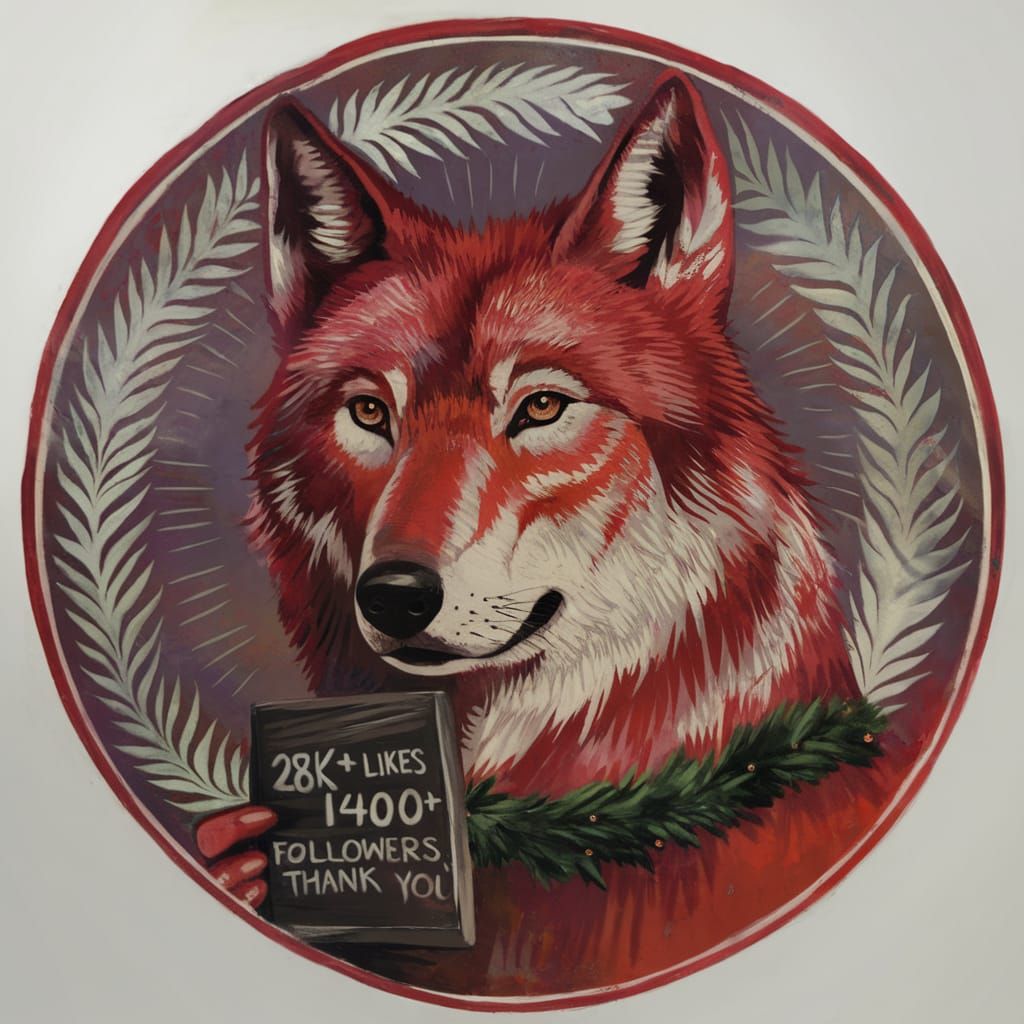 Sgraffito Portrait of a Regal Red Wolf in Wreath