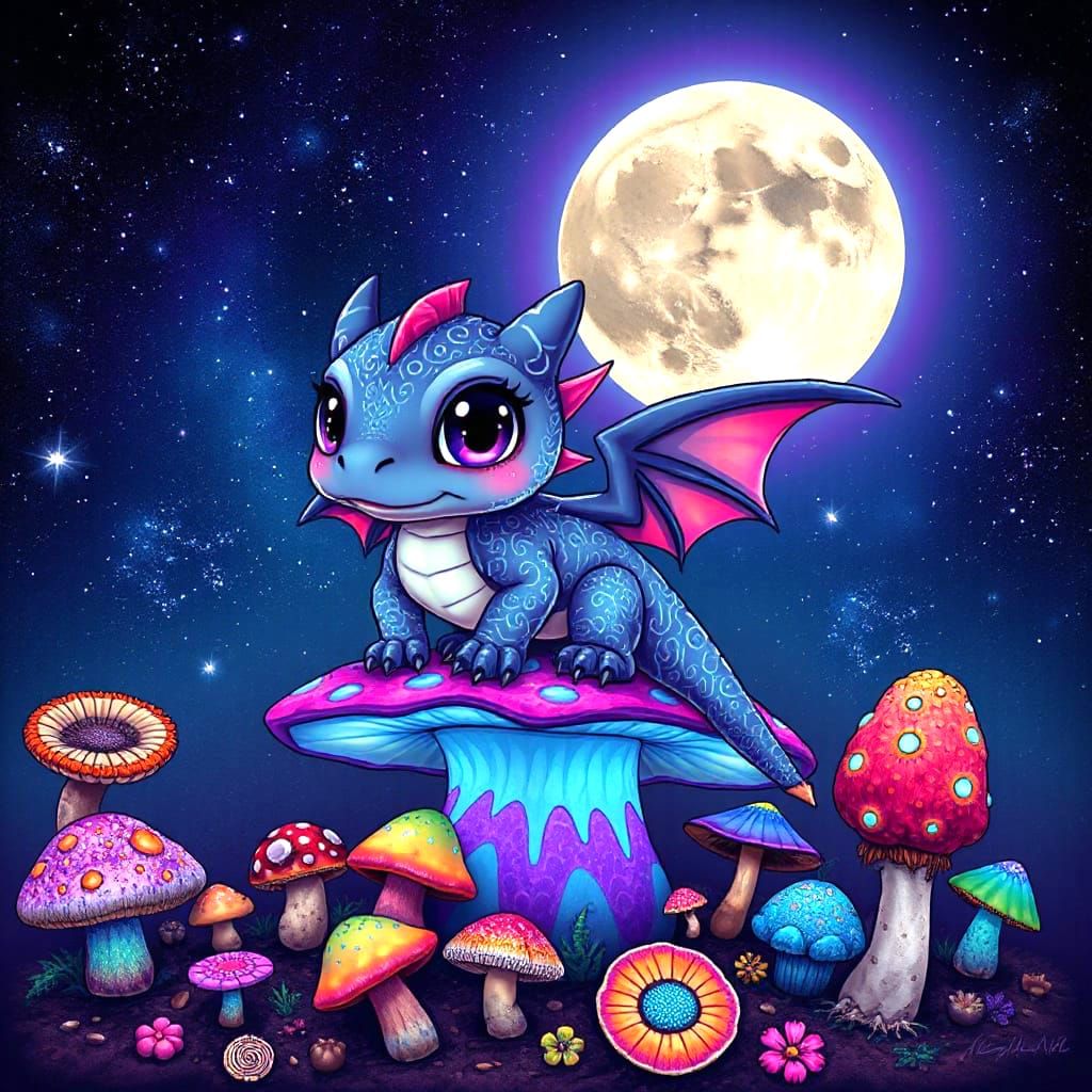 Whimsical Chibi Dragon Perched on a Glowing Mushroom in a Co...