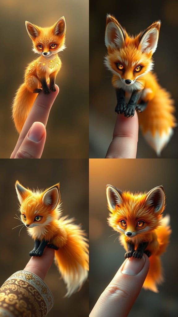 Enchanted Orange Fox with Glowing Fur on Human Fingertip in....