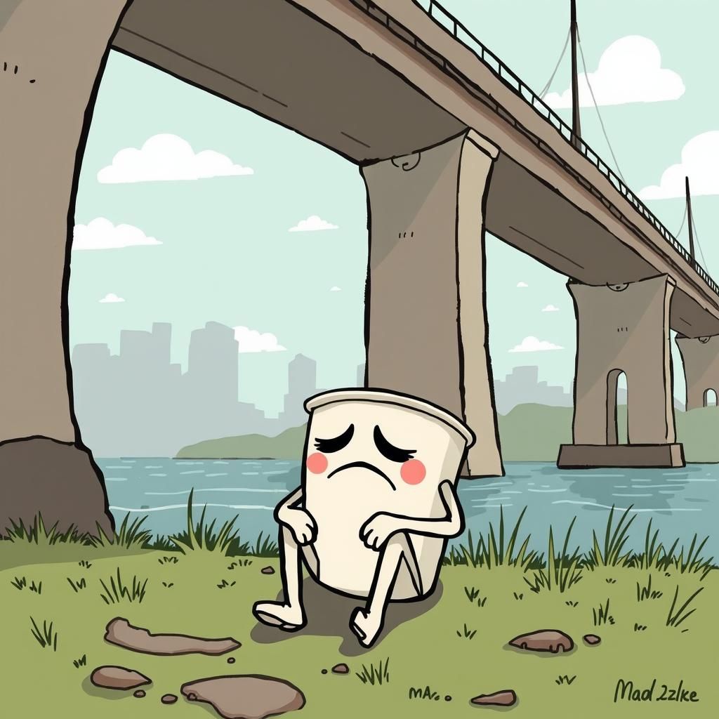 Sad Coffee Cup Under Bridge, Mad Magazine Style