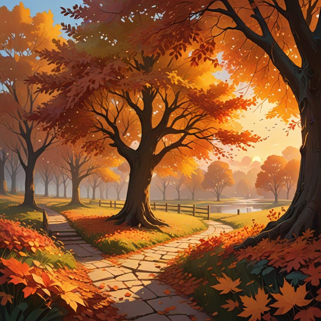 Peaceful Autumn Sunset With Drifting Leaves