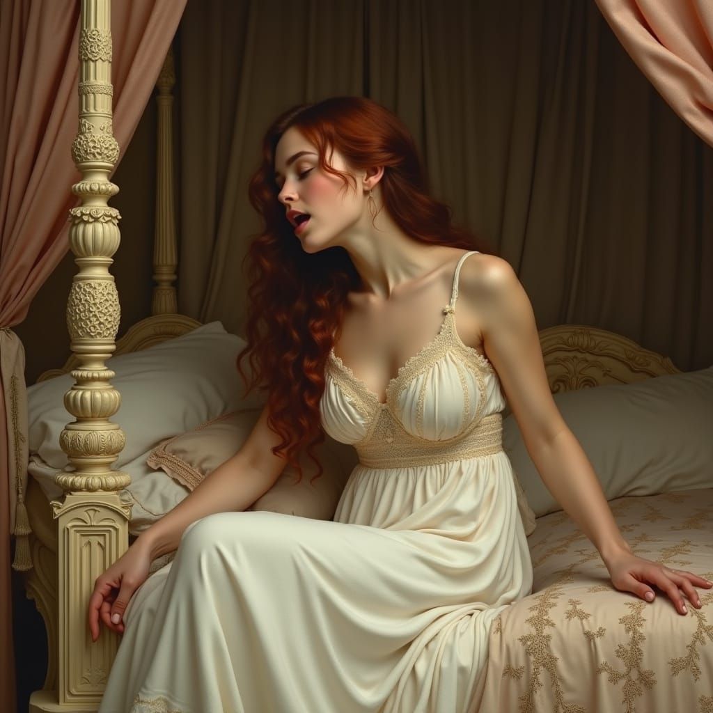 Dreamy Maiden Rises from Slumber in Pre-Raphaelite Splendor