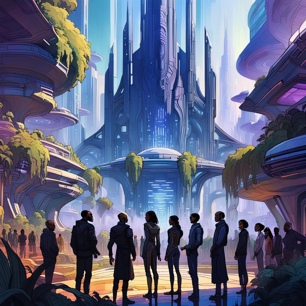 Diverse Group in Futuristic Cityscape
