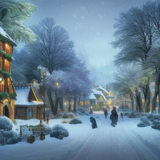 Winter Village: Art Nouveau Fantasy Landscape