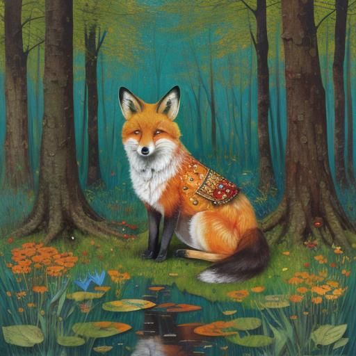 Autumn Fox in Forest: Klimt-Inspired Mixed Media Collage