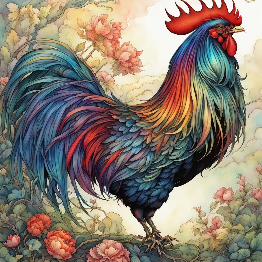 Iridescent Rooster in Fairytale Garden, Anime Style