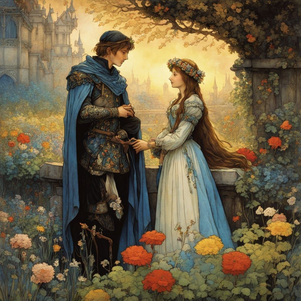 Medieval Couple in Garden with Chiaroscuro Lighting