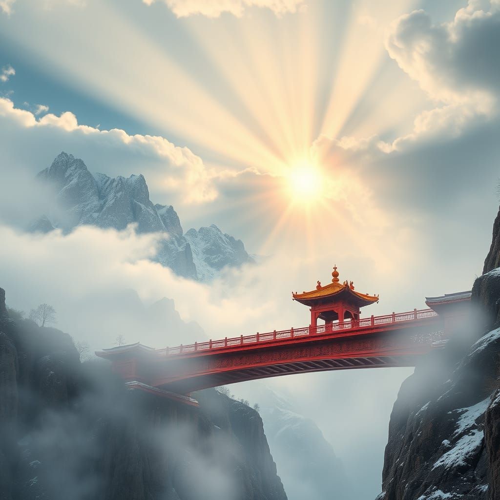 Majestic Chinese Mountains with Crimson Bridge