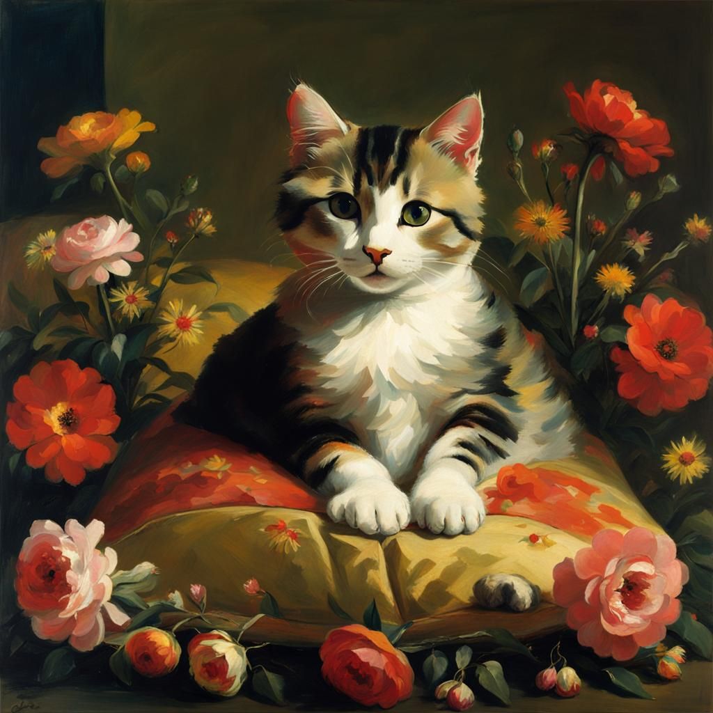 Cute Cat Surrounded by Flowers, Goya Style