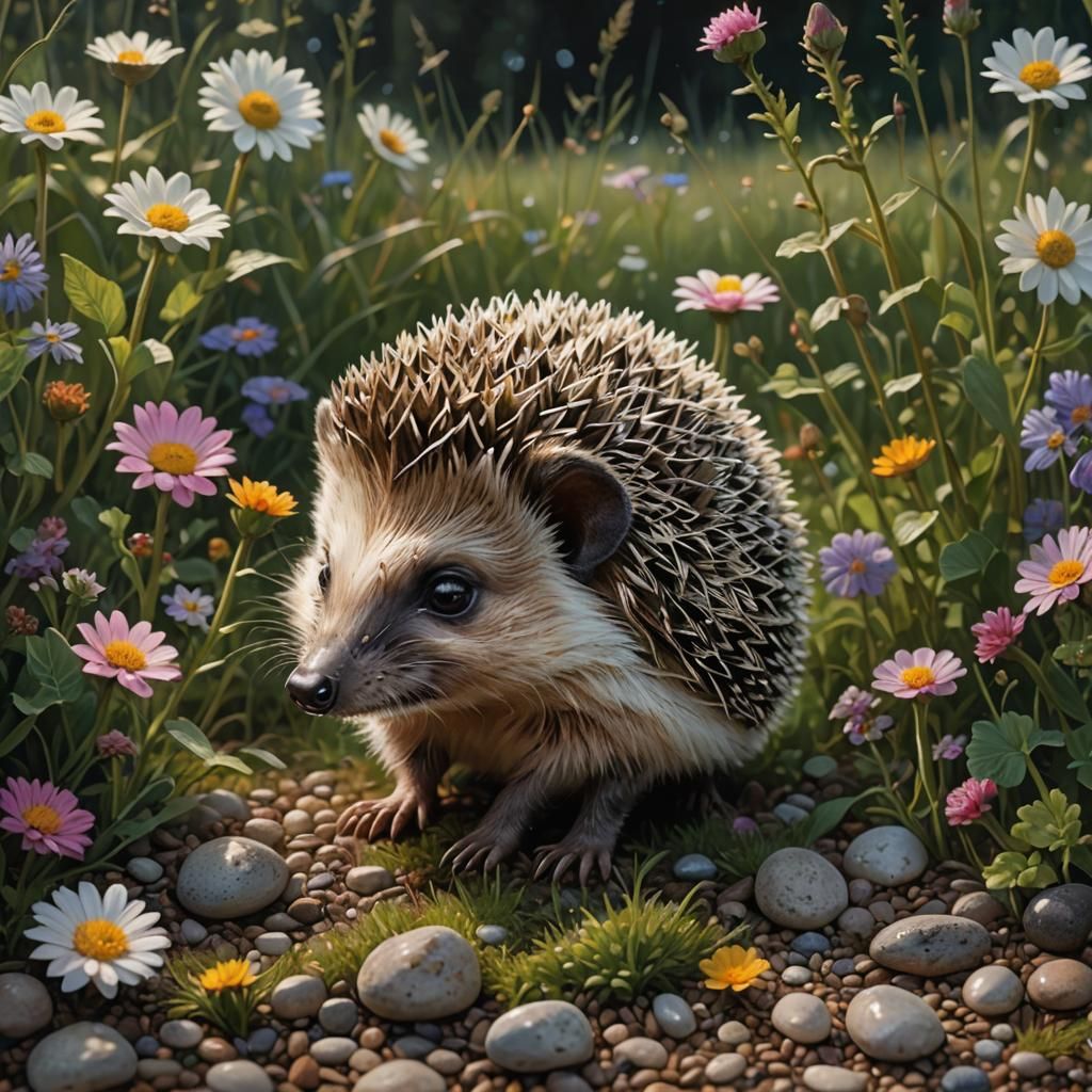 Hyperrealistic Hedgehog in Meadow Oil Painting