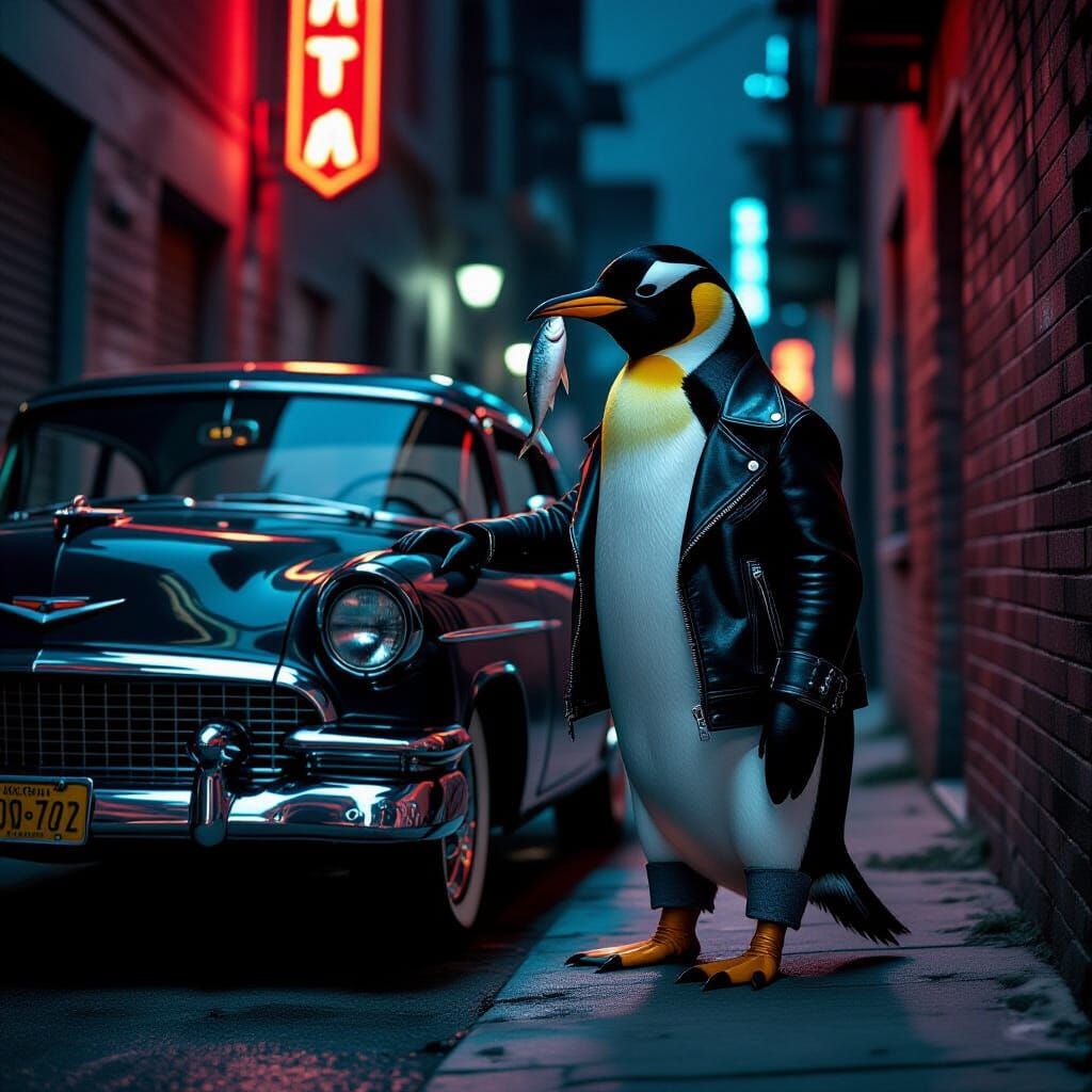 Greaser Penguin Leaning on Hot Rod in Noir Style