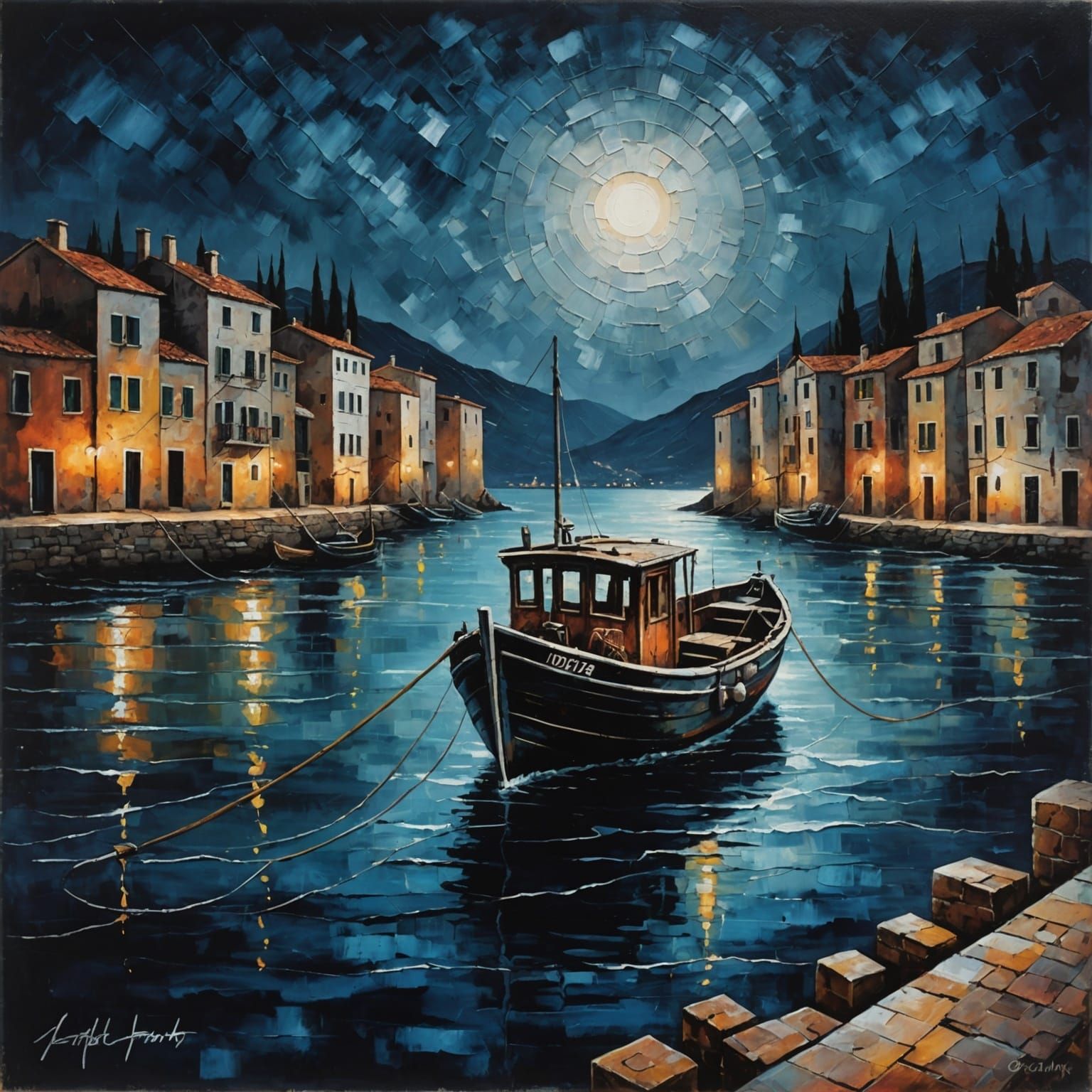 Dramatic Acrylic Painting of Fishing Boat at Night