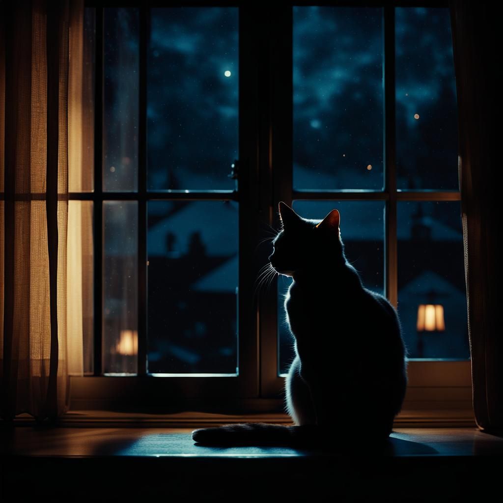 Lonely Cat Silhouette in Moody Night Atmosphere