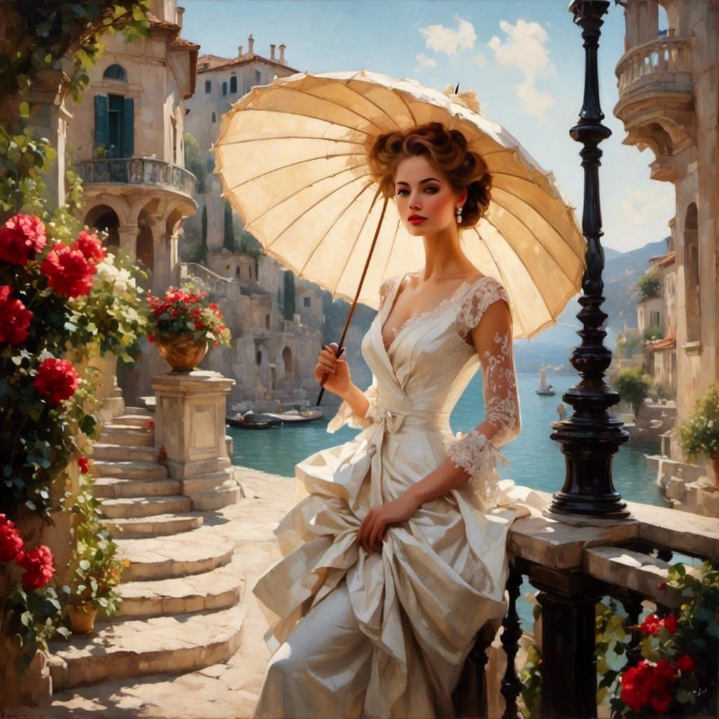 Lady with Parasol in Golden Age Illustration Style