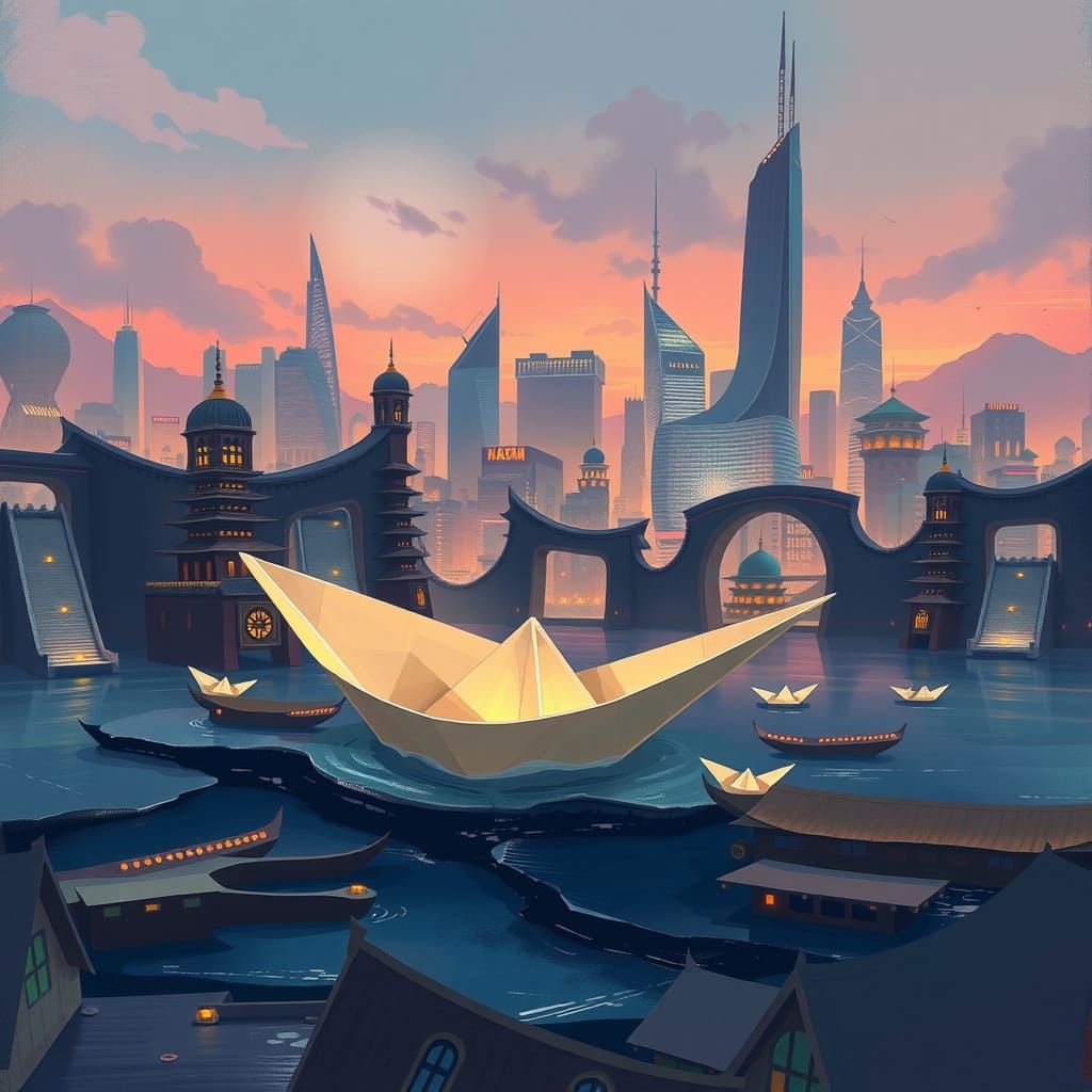 Paper Boat Sails a Futuristic Cityscape