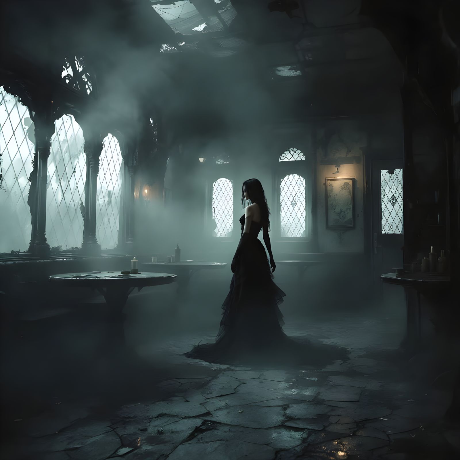 Goth Fashion Model in a Haunted Coffee Shop