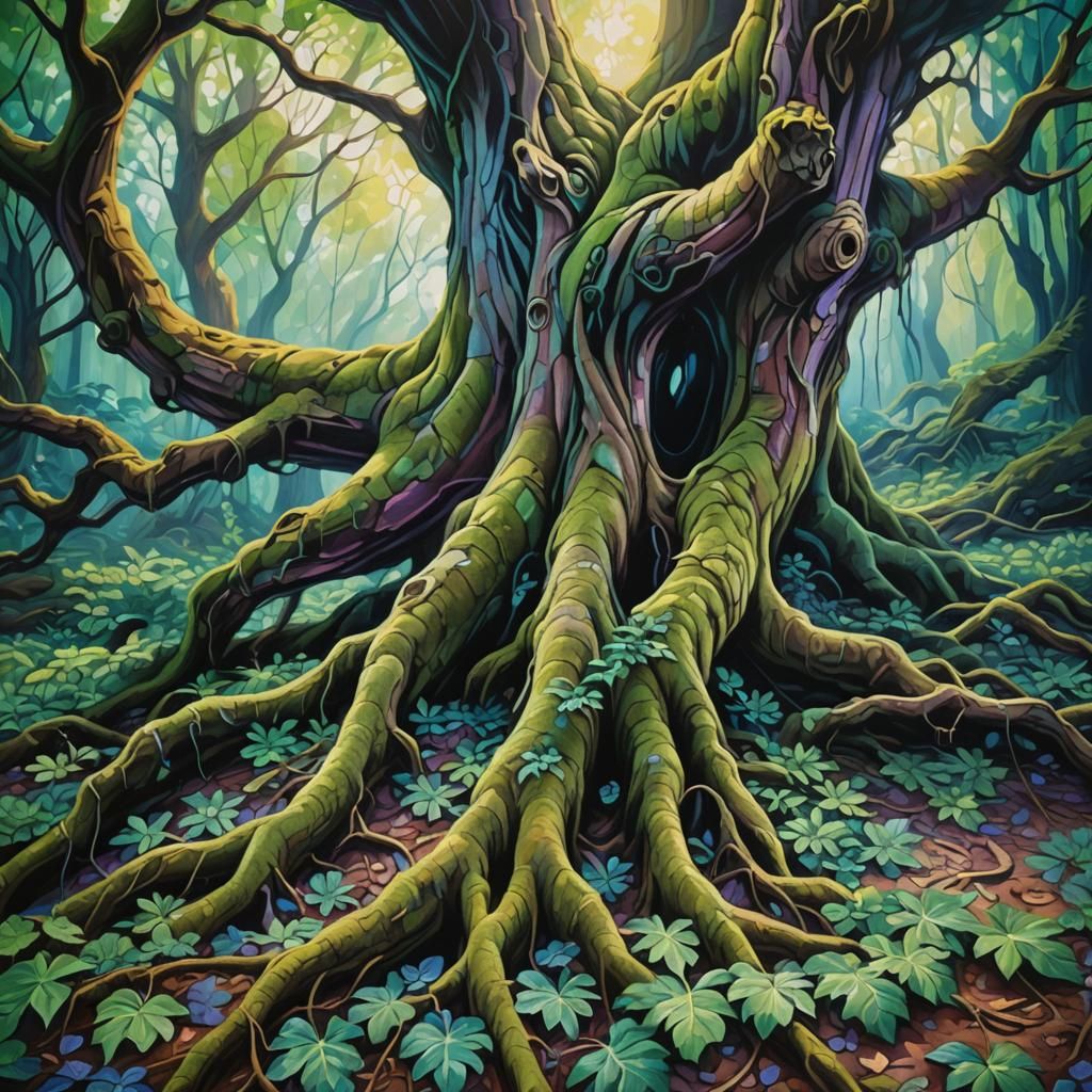 Lush Green Leaves in Mystical Forest Oil Painting