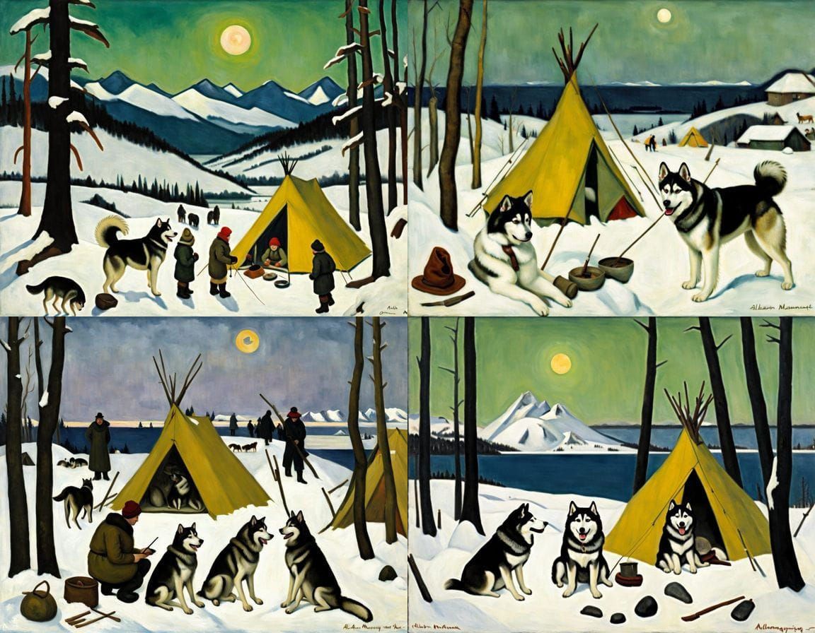 Sledding Alaskan Malamute in Winter Landscape, Impressionist...