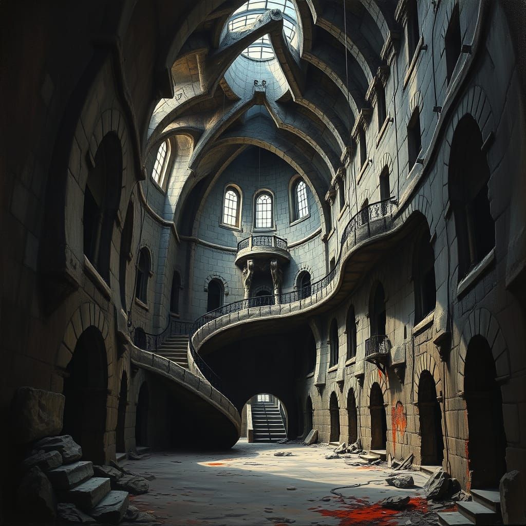 Gaudí & Piranesi Prison Interior Oil Painting