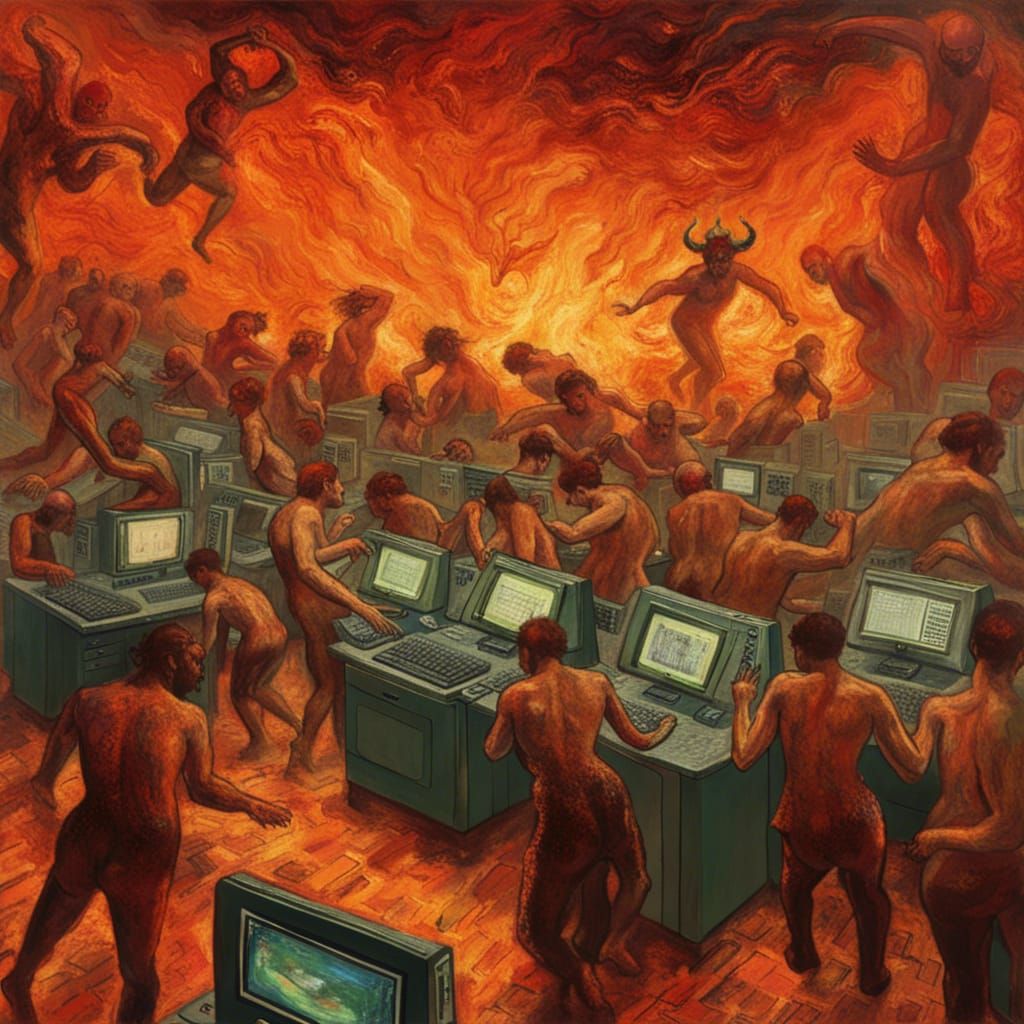 Hellscape Supercomputer Fight in Impressionist Style